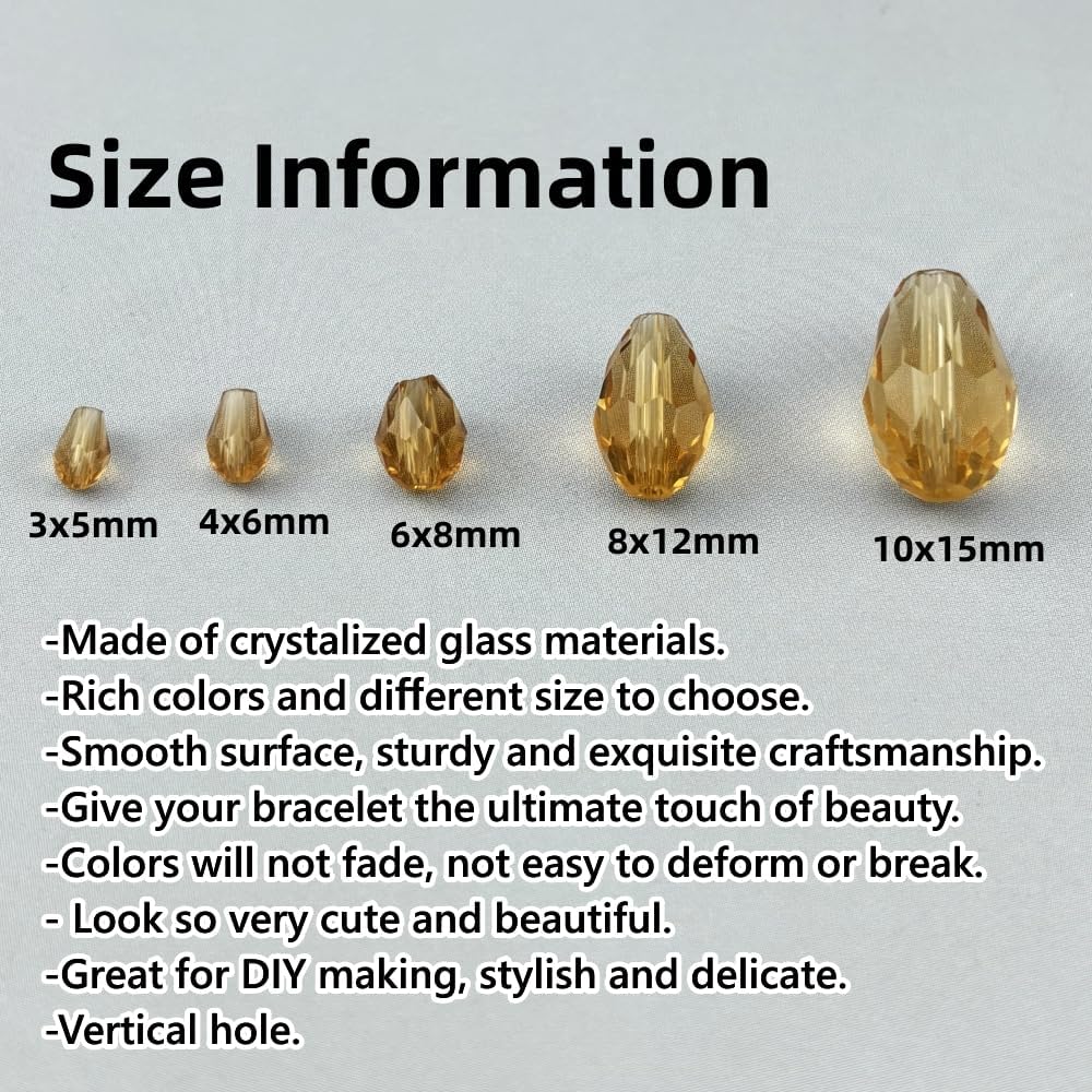 130pcs 6x8mm Teardrop Crystal Glass Beads for Jewelry Making, Faceted Vertical Hole Teardrop Glass Spacer Beads for Wind Chimes Bracelet Earring Necklace DIY Craft(Gold Champagne)