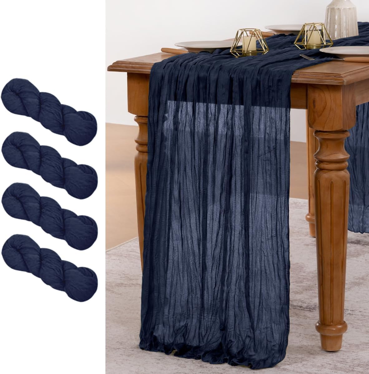 MLMW 4 Pack Navy Blue Table Runner Cheesecloth Boho Gauze Rustic Cheese Cloth Table Runner 160 inch Sheer 13.3ft for Graduation Wedding Party Baby Bridal Shower Birthday