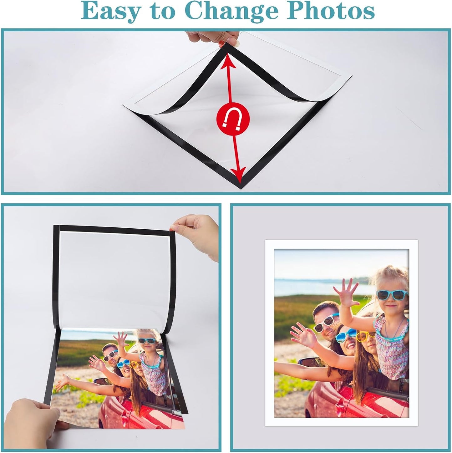 CRUGLA 8x10 White Magnetic Picture Frames for Refrigerator 12 Packs, Modified Magnetic Sheet with Self Adhesive Backing, 8 by 10 Magnetic Photo Craft Frame Set for Glass Window Door Cubicle