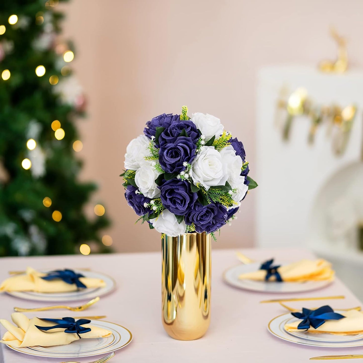 BLOSMON Flower Balls Table Centerpieces: 6 Pcs Fake Flowers Navy Blue White Wedding Kissing Rose Balls Decor - Artificial Floral Arrangements Flower Bouquet of Roses Home Party Table DIY Decorations