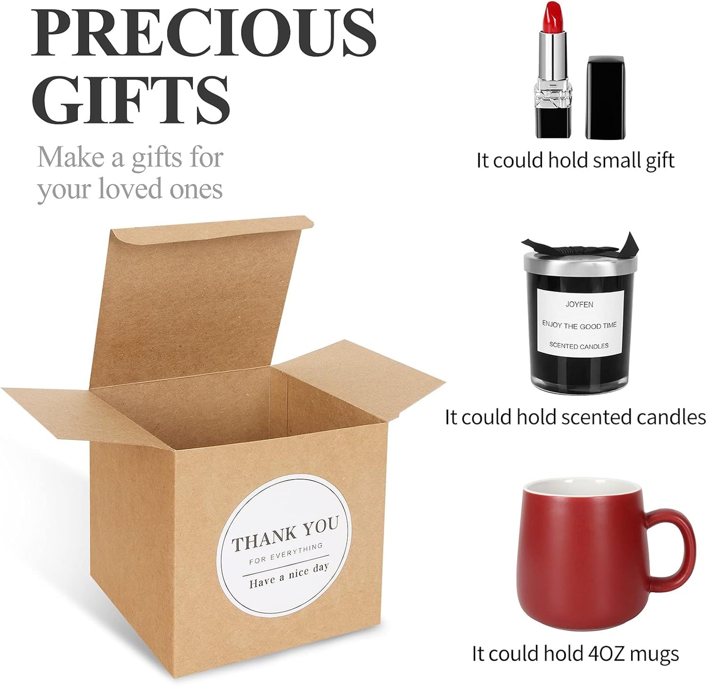 COTOPHER Small Gift Boxes 60 Pack 4x4x4 inches Brown Gift Boxes with Lids for Gifts, Crafting, Wedding Party Favor, Cupcake Boxes, Candy, Bridesmaids Proposal Box with Ribbons and Stickers (Brown, 60)