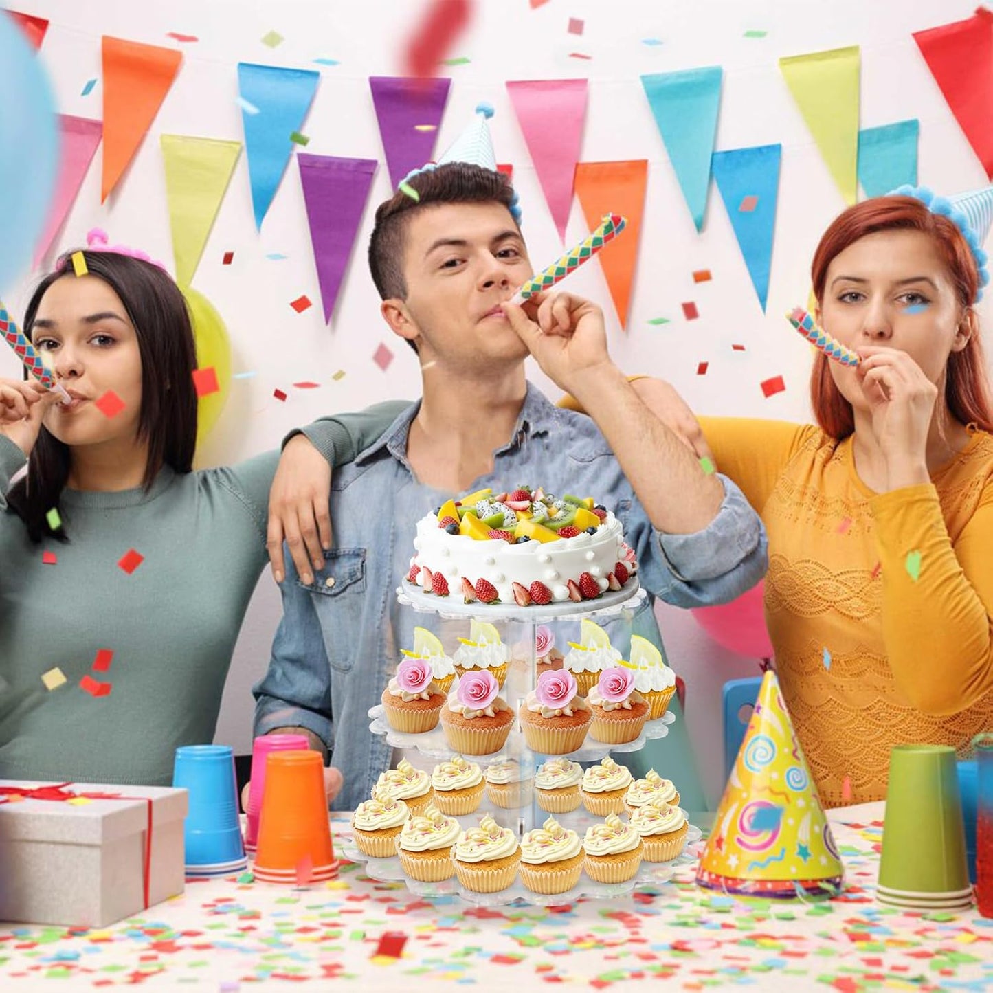 3 Tiers Acrylic Cupcake Stand, Lacework Design Cake Tower Stand Holder Macaron Display Rack Cookie Candy Buffet Desserts Platter with Base for Baby Shower, Birthday, Wedding