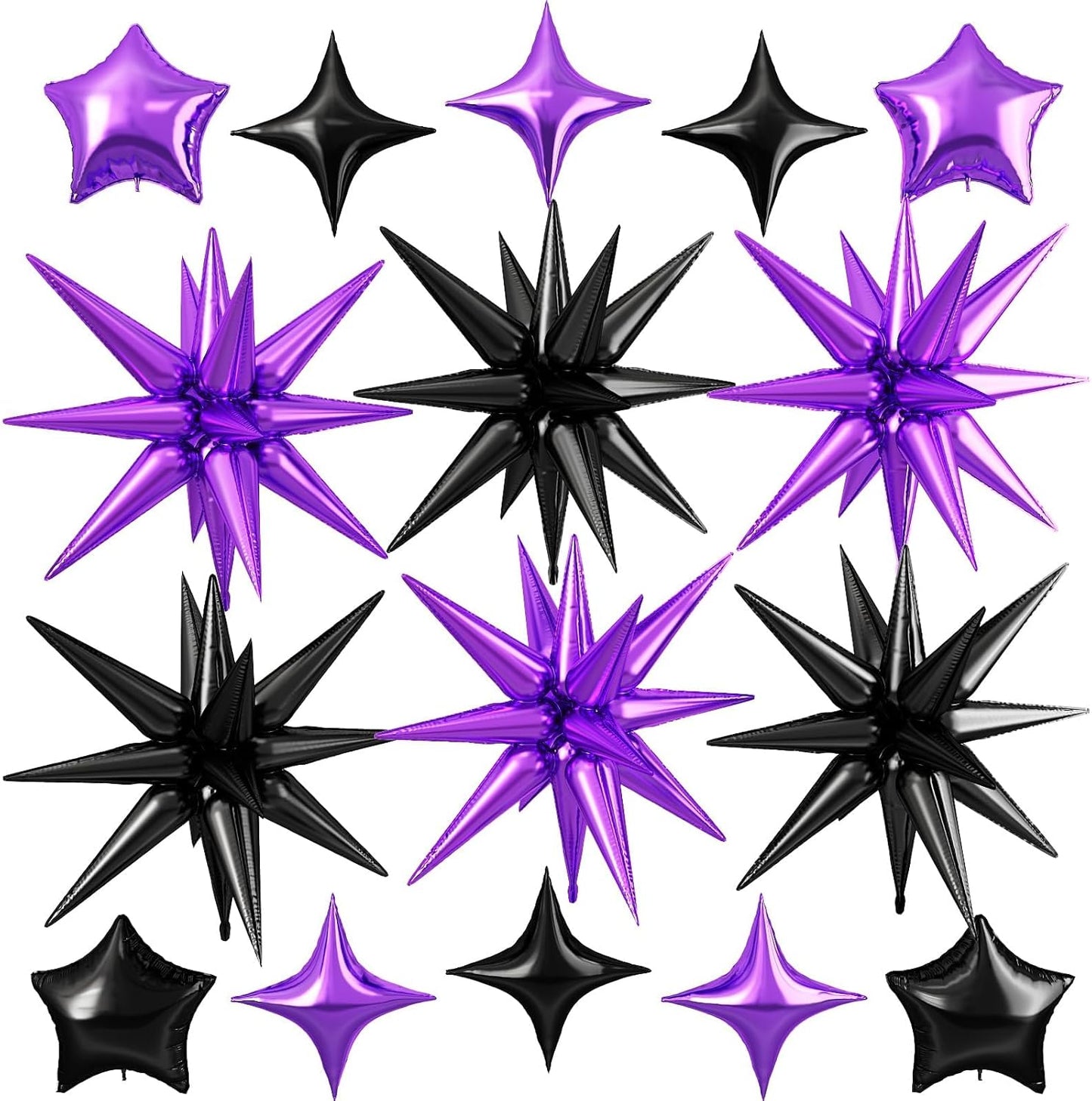 Purple Black Star Balloon,16Pcs Star Foil Balloons Set with 22Inch Explosion Spike Cone Balloons and 10Inch Quadrangle Helium Balloon for Birthday Wedding Baby Shower and Halloween Party Decorations