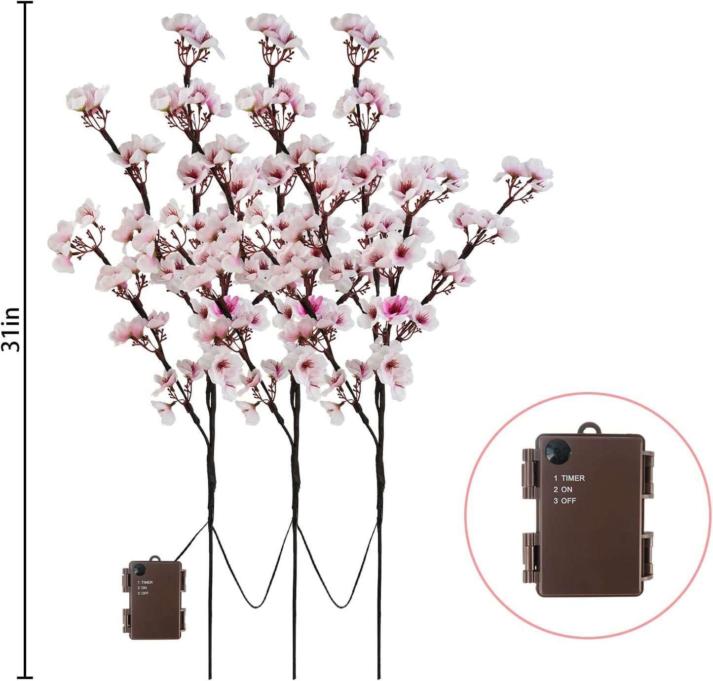 Uieke 3PCS Lighted Cherry Blossom Branches, 30in Artificial Cherry Blossom Flowers with 60 LED Lights Timer Battery Operated Lighted Twig Branches for Vases Wedding Party Home Indoor Decor