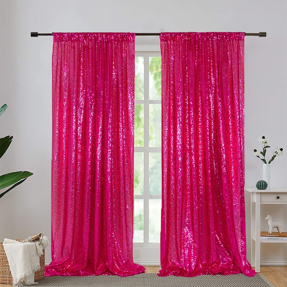 Eternal Beauty Sequin Backdrop Curtains, 2x8 Ft-2 Panels Hot Pink Back Drop for Shimmer Photography Party Wedding Birthday Decor