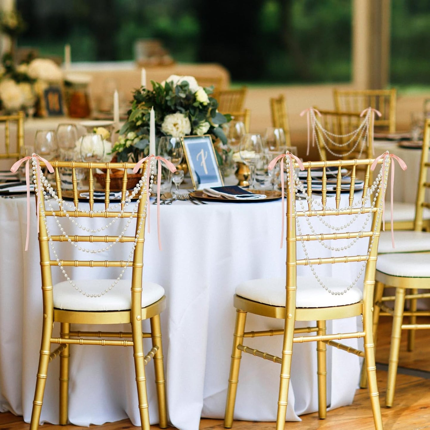 Wedding Pearl Bow Chair Decor Satin Ribbon Bows with Pearl Beaded String Garland Aisle Chair Sashes Decorations for Ceremony Coquette Party Banquet Decor