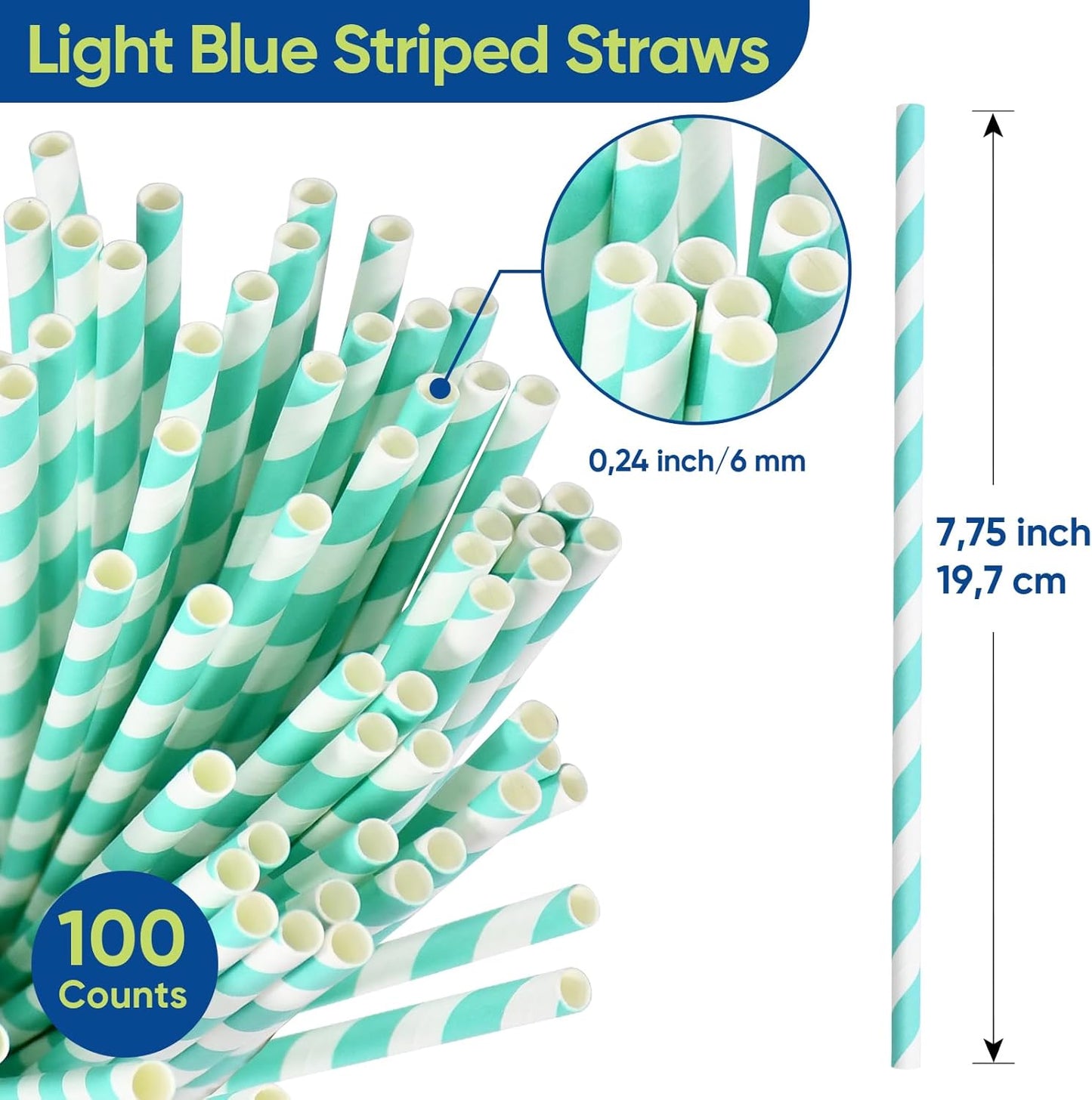 Light Blue 7.75 inch Disposable Paper Straws for Drinking, 100 Counts, Eco-friendly - for Baby Shower, Party, Decoration, Paper Crafts Sticks