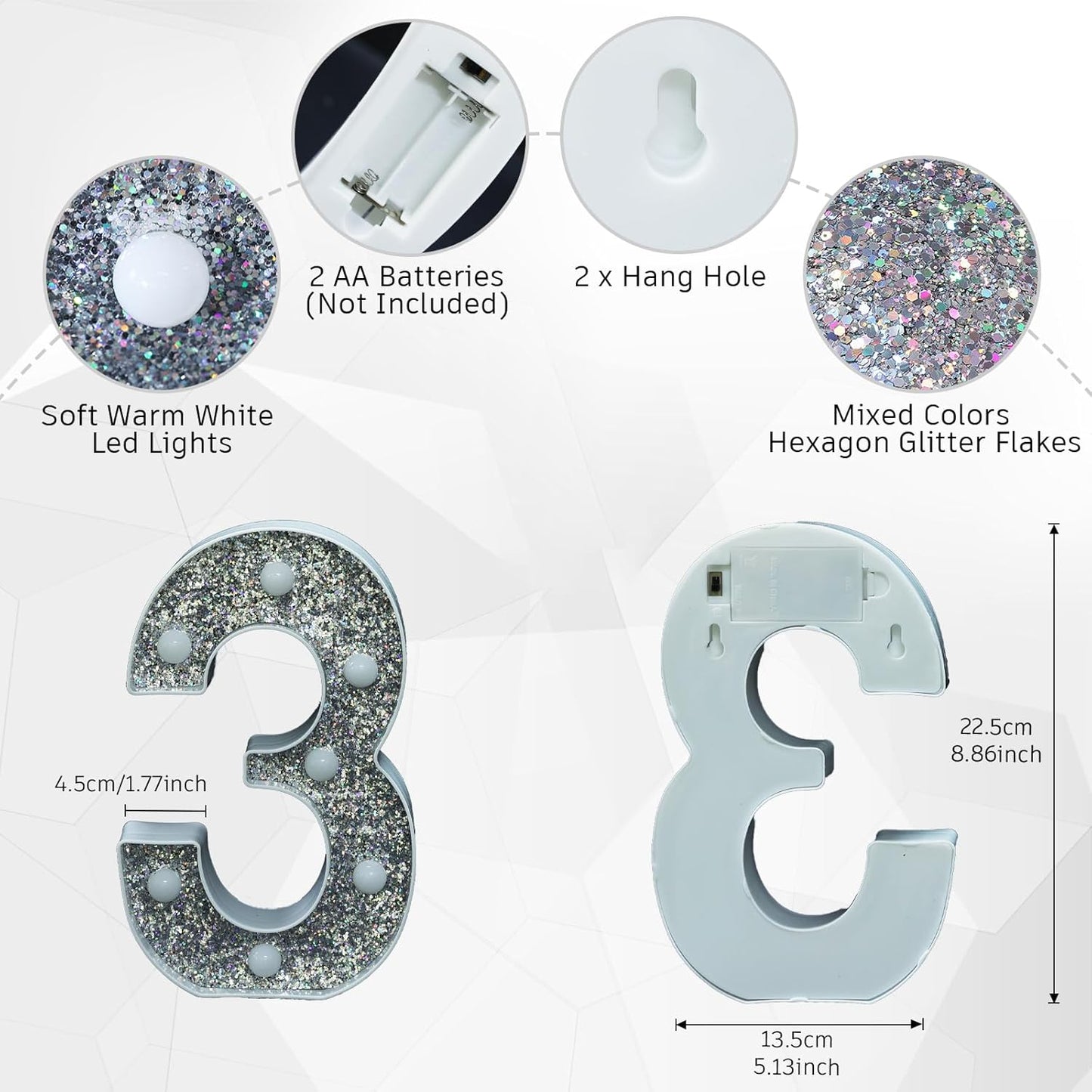 Marquee Light Letters for Table Decorations, Glitter Light Up Signs for Prom, Events, or Engagement Party Decor, Featuring Alphabet & Number Lighted Letters, Number 3