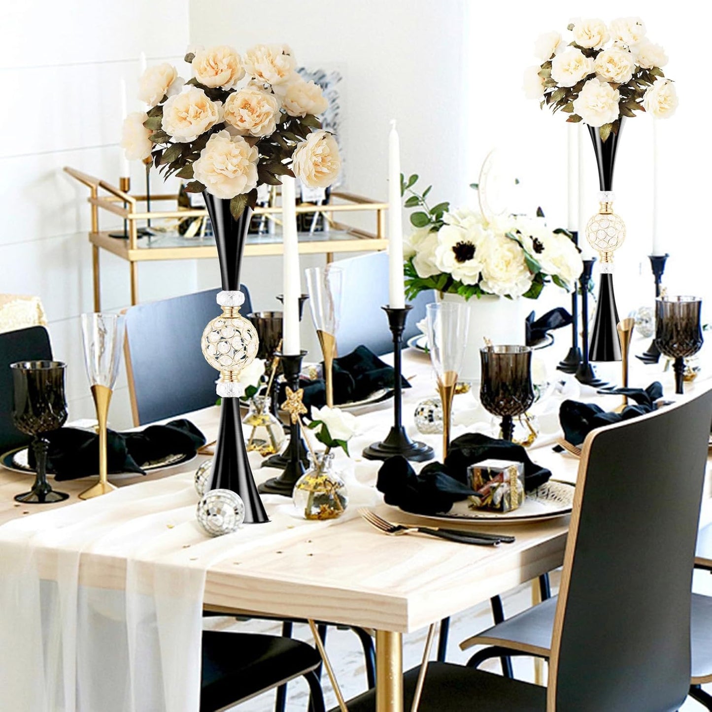 VIJIV Gold Crystal Flower Vases for Centerpieces Tables - Tall Trumpet Vase for Bouquet Decorative, Dining Table Décor Flower Stand with Ribbed Texture for Events, Bridal Showers & Boho Weddings