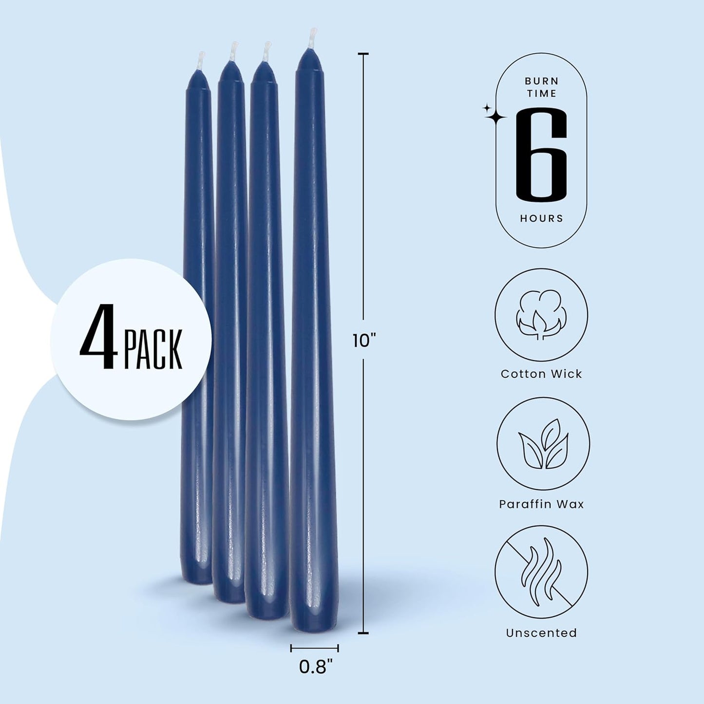 Leor & Lair Blue Taper Candles - 4 Pack 10" Blue Candlesticks - Unscented Long Burning Candle Sticks for Winter, July 4th Decoration, Dinner, Hanukkah, Weddings, Restaurants & Events