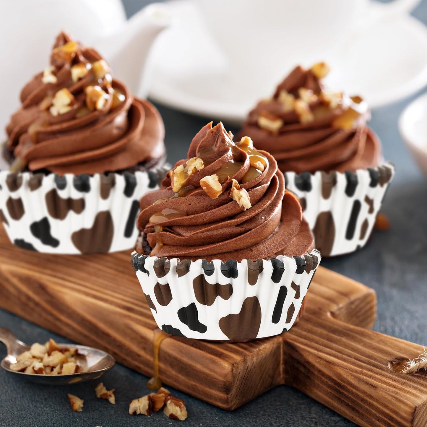 Whaline 300Pcs Cow Print Paper Baking Cups Black Brown Cupcake Liners Highland Cow Spot Muffin Liner Farm Animal Cake Paper Cups Storage Container for Party DIY Craft, 2x1.2 Inch