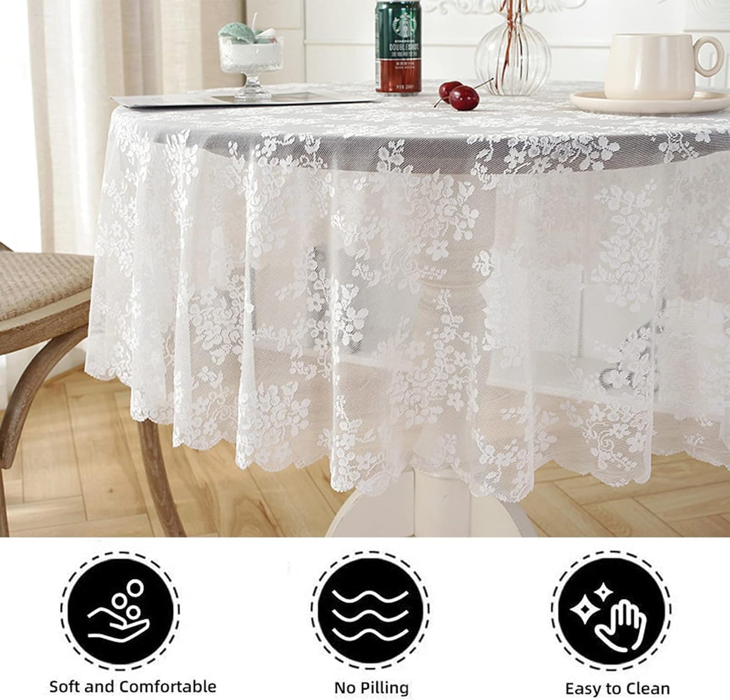 Jeloris Round Lace Tablecloth with Elegant Scalloped Bottom for Any Special Event Such as Wedding, Birthday Party, Baby Shower, Anniversary (78 inch, Style 1)