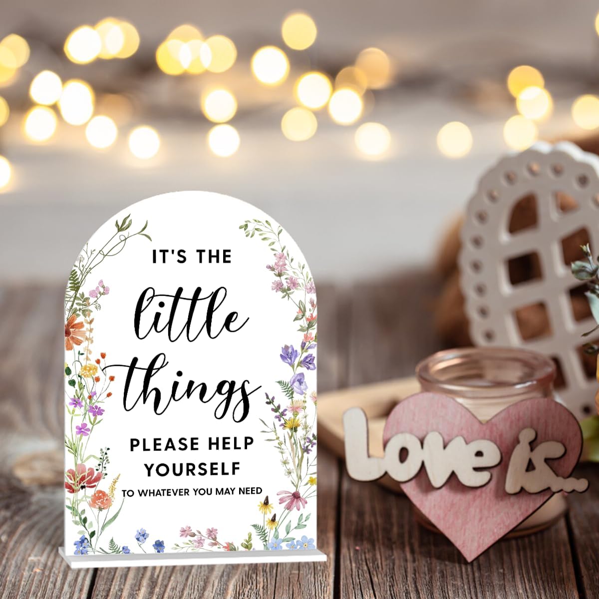 Acrylic Wedding Signs, It's the Little Things Signs for Marriage Reception, Bridal Shower Decorations, Modern Arched Round Top Acrylic Table Top Sign with Holder for Wedding Party (White Wildflowers)