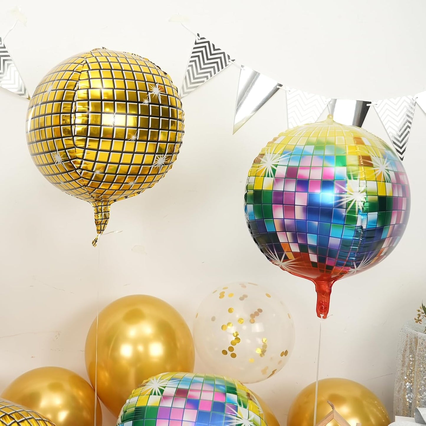 Disco Ball Balloons 4PC,Foil Disco Balloons 22 Inch 4D Round Multicolor Balloon for 70s 80s 90s Birthday Bachelorette Decorations