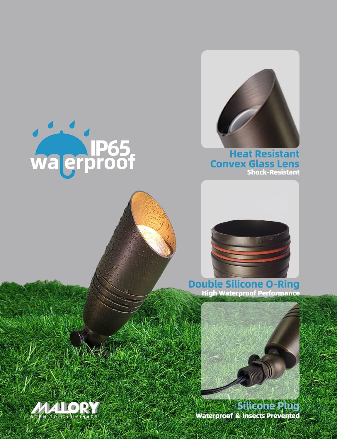 MALORY Brass Landscape Spotlights 1-Pack with MR16 Bulb(S02), 12V Low Voltage Landscape Lighting LED Outdoor Spot Uplights for House and Tree,PVC Ground Stake and Wire Connector Included, 5W 2700K