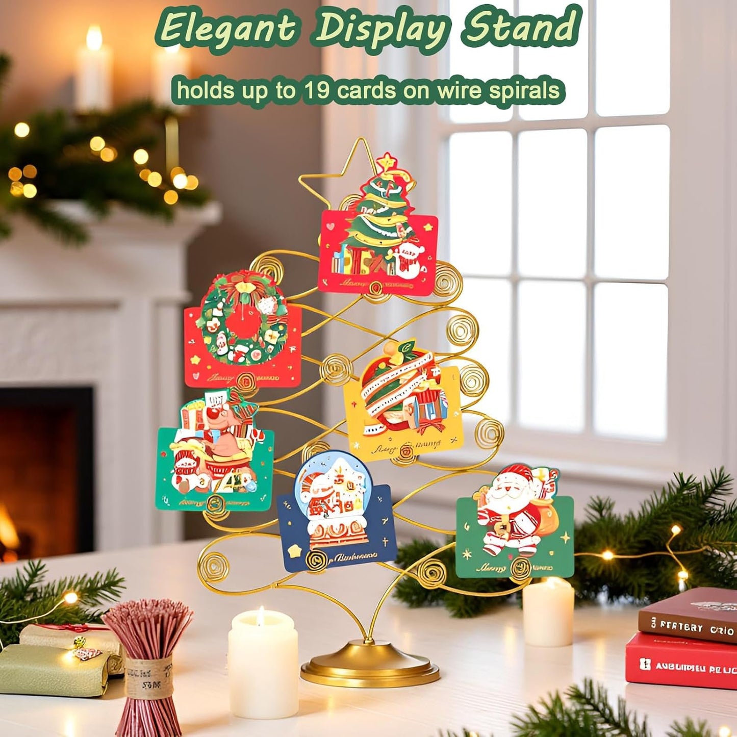 Christmas Tree Card Holder Tabletop, 18 Inch Gold Tree Holiday Card Display Stand, Metal Decorative Cards and Photo Holder Rack, Christmas Display Tree Stand Holds up to 19 Place and Gift Cards