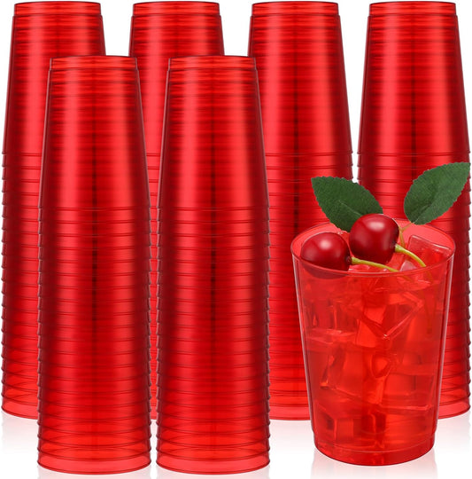 Minatee 100 Count Plastic Cups Disposable Fancy Cups Heavy Duty Wine Cocktail Glasses for Halloween Wedding Christmas Birthday Party Supplies Plastic Drinking Tumblers(Red,10 oz)