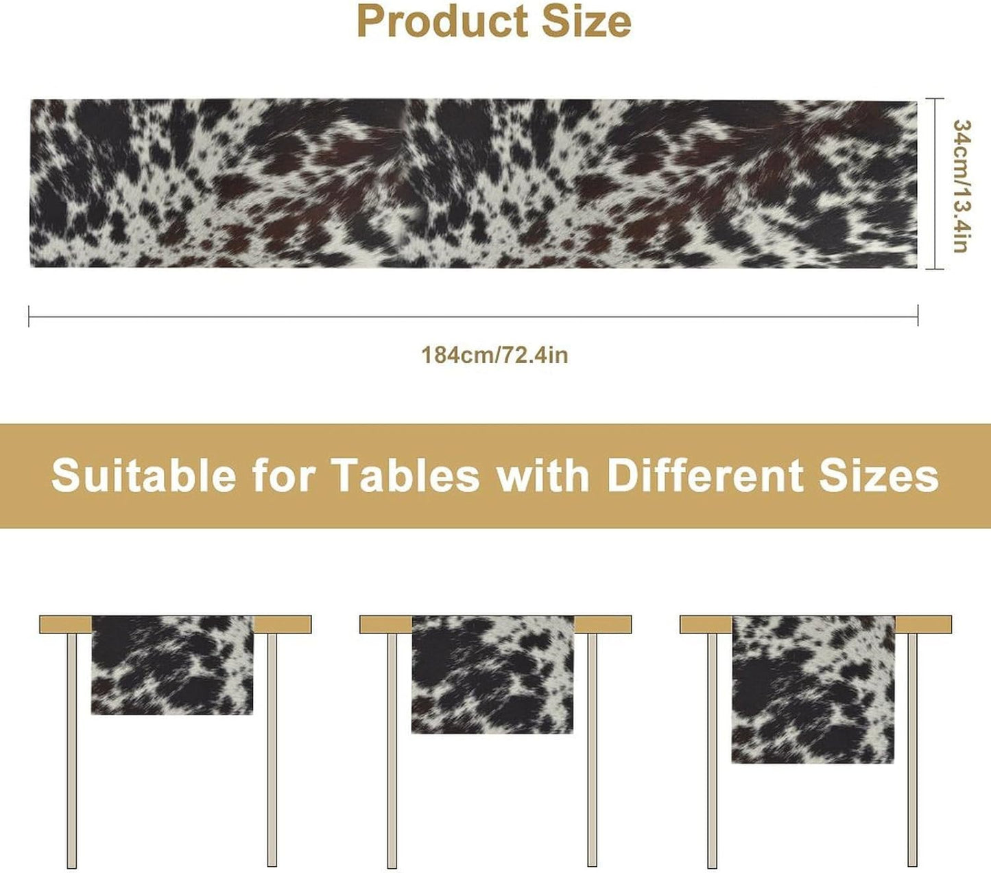 Cow Print Table Runner, Country Farm Animal Fur Skin Pattern Western Style Black Brown Cowhide Print Dinner Runner for Home Kitchen Dining Home Setting, 13x70 Inch