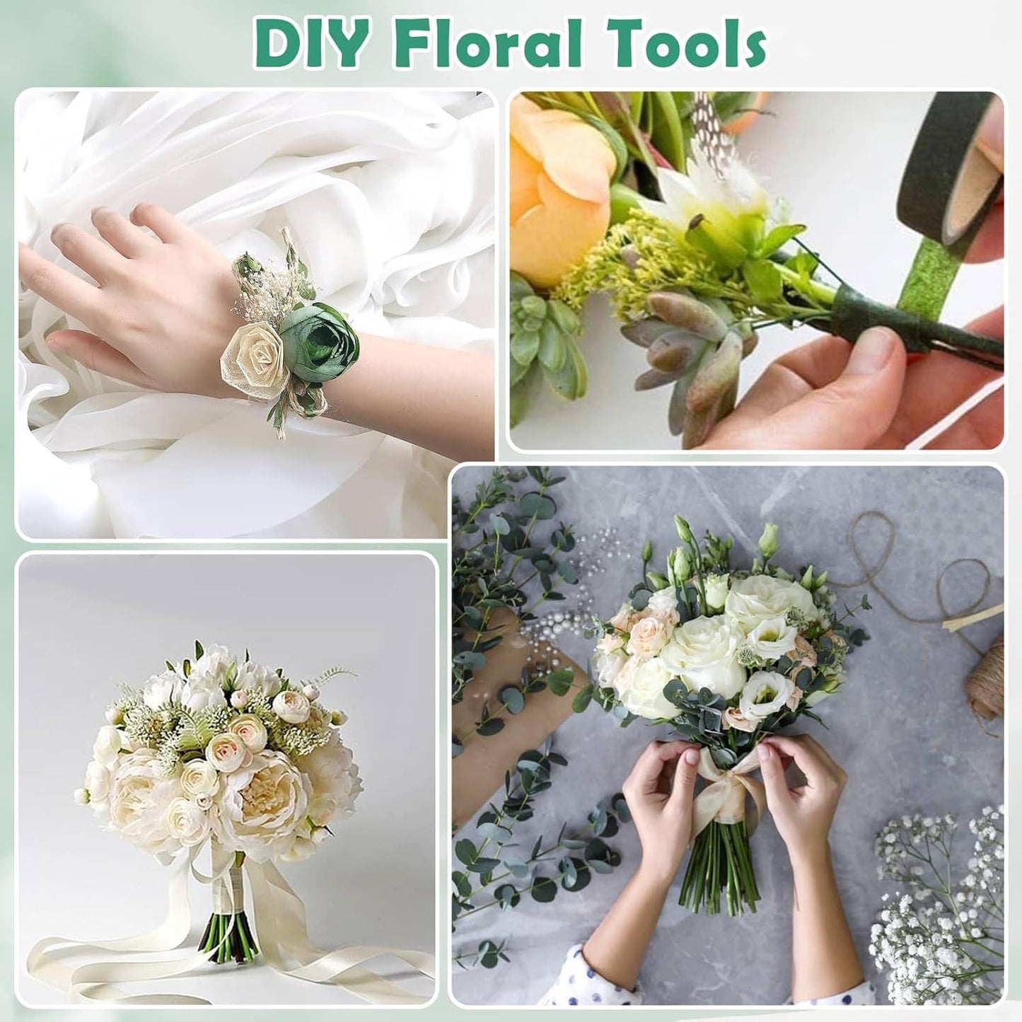 PAXCOO Floral Tape and Floral Wire Arrangement Tool Kit with Green Floral Tape, Floral Wire, Boutonniere Flower pin, Wire Cutter, White Ribbon and Elastic Pearl Wrist Corsage Bands for Bouquets