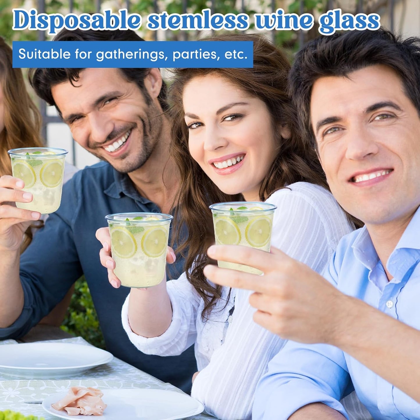 50 Pcs Disposable Stemless Glasses 12oz Crystal Plastic Wine Glasses Clear Classic Pet Cup for Meeting Weddings Birthdays Cocktail Christmas Party Supplies (Light Blue)