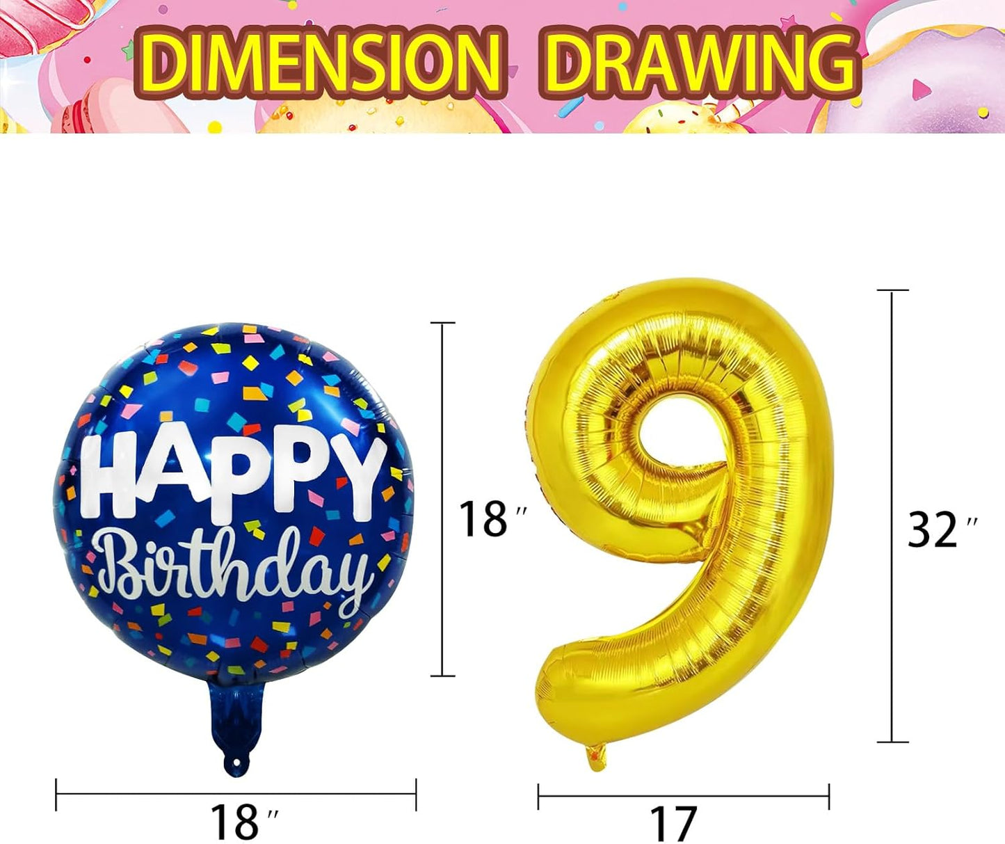 50 Pcs Happy Birthday Party Aluminum Foil Balloons and 9th Balloons, 18 Inch Round Aluminum Foil Balloon with" Happy Birthday" Sign, Birthday Party Decorations for Boys/Girls (Yellow, 9)