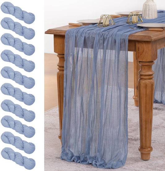 MLMW 10 Pack Dusty Blue Table Runner Cheesecloth Gender Reveal Boho Gauze Rustic Cheese Cloth Table Runner 160 inch Sheer 13.3ft for Wedding Party Baby Bridal Shower Birthday