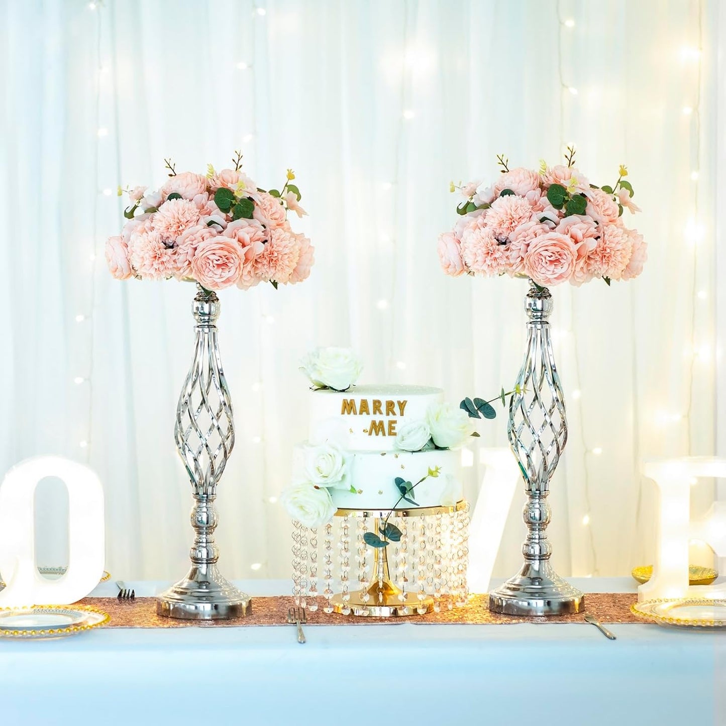 LANLONG 10pcs Metal Silver Candle Holders Road Lead Table Centerpiece Stand Pillar Candlestick for Wedding Candelabra Flowers Vases