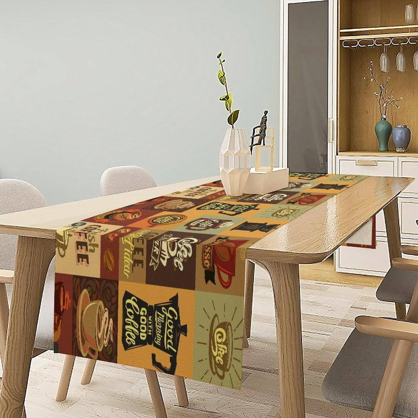 Coffee Table Runner,Vintage Style Coffee Beans Cups Theme Design Pattern Print Tablecloth Burlap for Hotel Indoors Outdoor Dining Room Kitchen Holiday Party, 13x108in