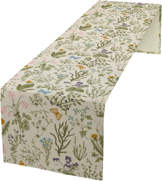 Wildflowers Floral Table Runner, Retro Flower Butterfly Seasonal Spring Summer Kitchen Dinning Table Runner for Indoor Outdoor Home Wedding Party Holiday, 13x108 Inch