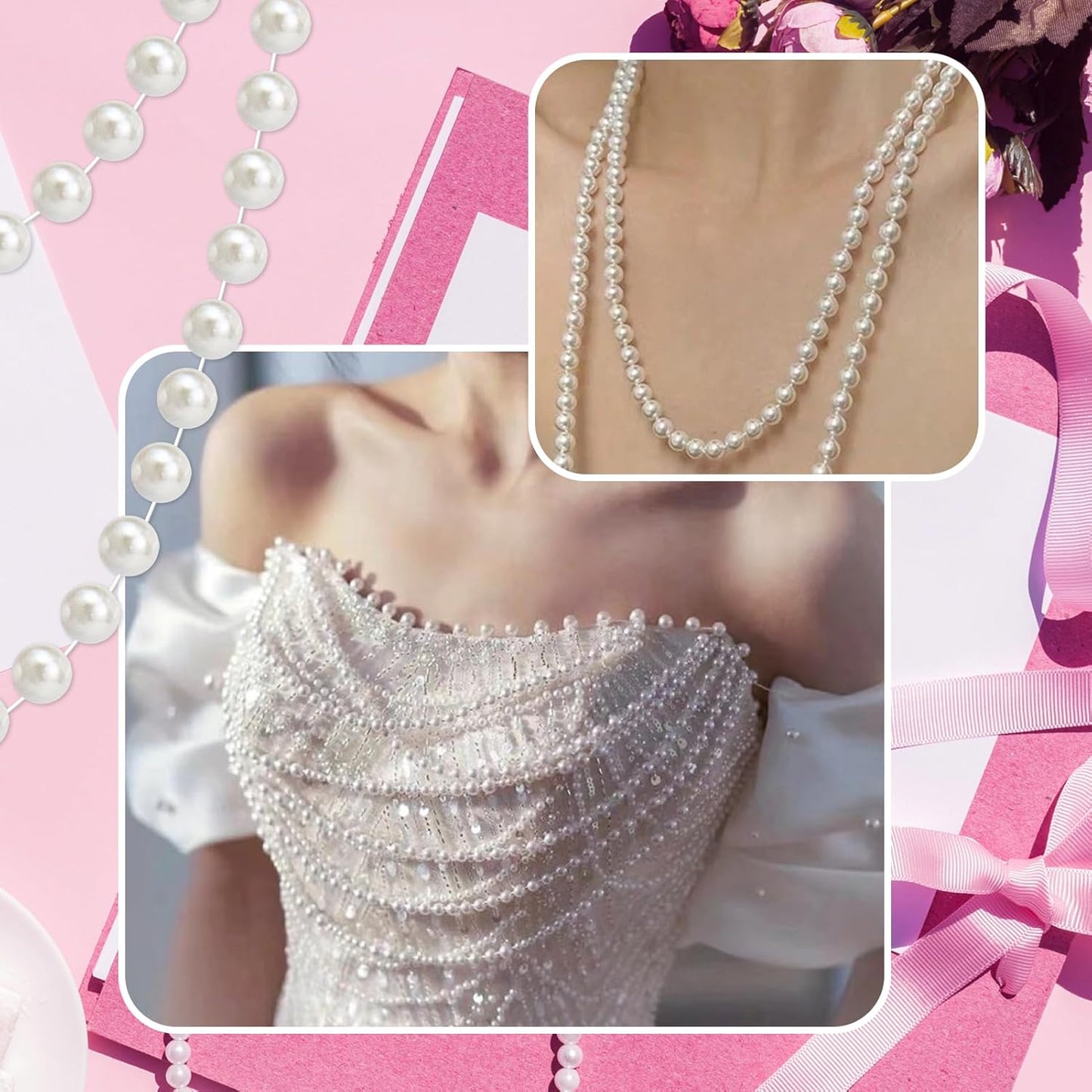 99 Feet 4mm Faux Pearl String Garland for Crafts, Artificial Pearl Beaded Trim Chain Strands for Wedding Centerpieces Bouquet Party Christmas Tree Decoration, Ivory