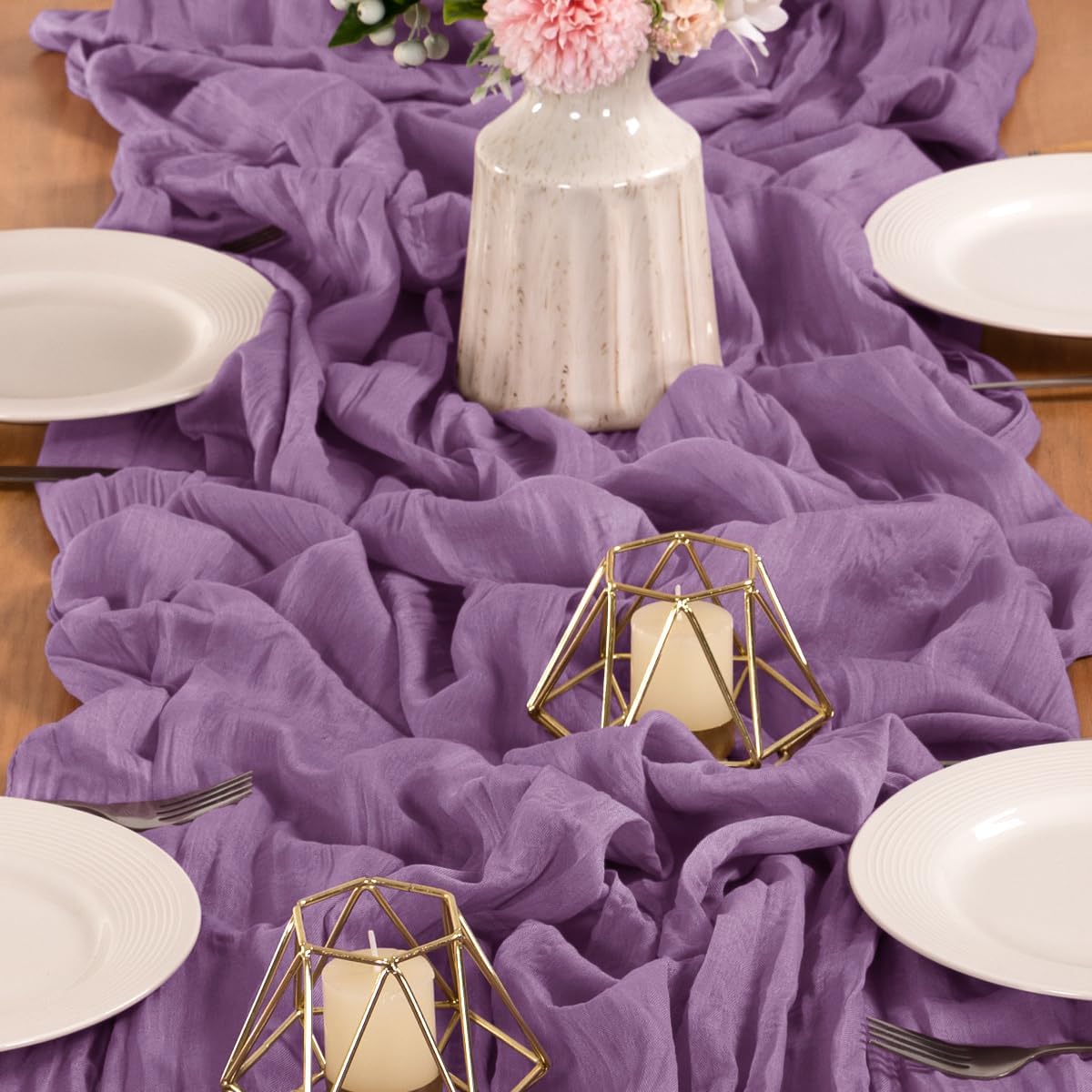 MLMW 4 Pack Fall Table Runner Purple Cheesecloth Boho Rustic Sheer Cheese Cloth Table Runner 160 inch 13.3ft for Halloween Wedding Party Baby Bridal Shower Birthday