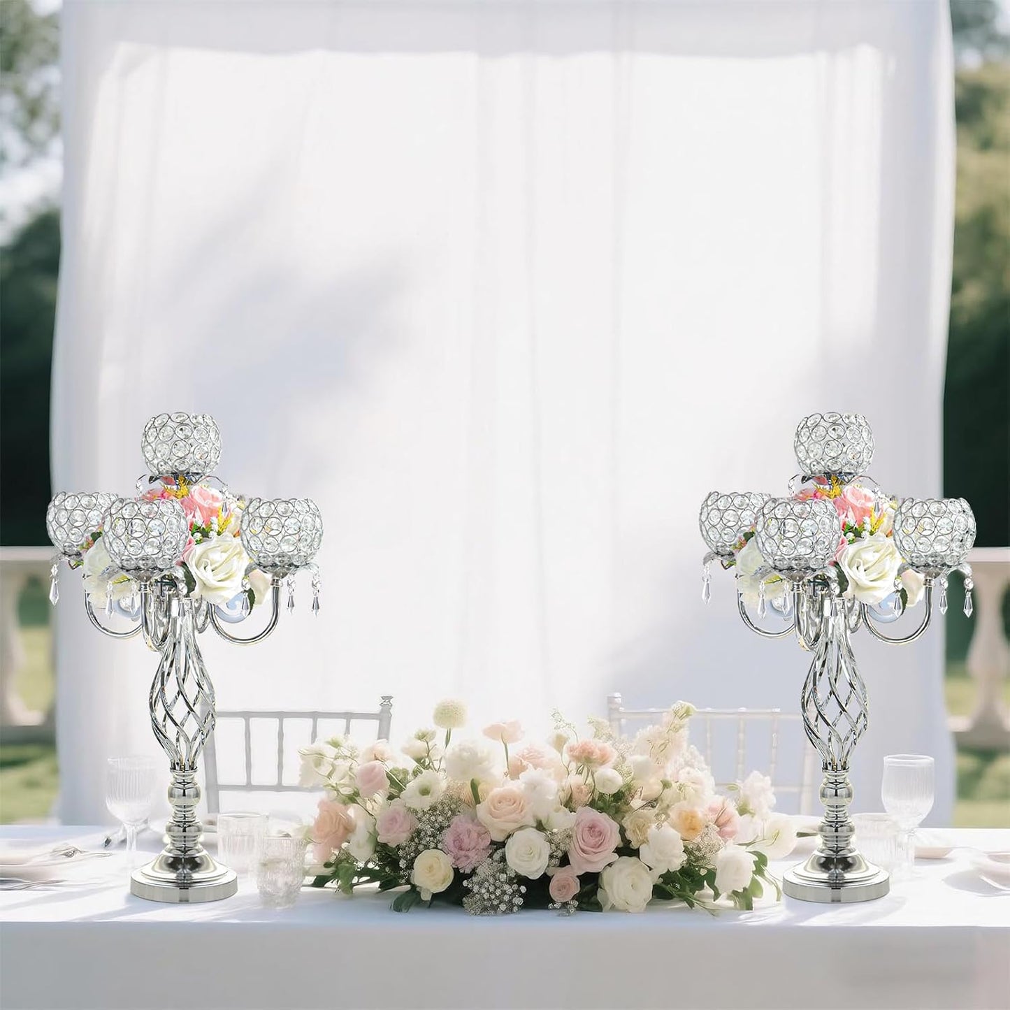 5-Arm Crystal Candelabra Centerpiece 23.2" Tall - Elegant Candle Holder Stand with Crystal Bowl, Chic Table Decor for Weddings, Parties, Anniversary & Home Decoration (4, Silver)