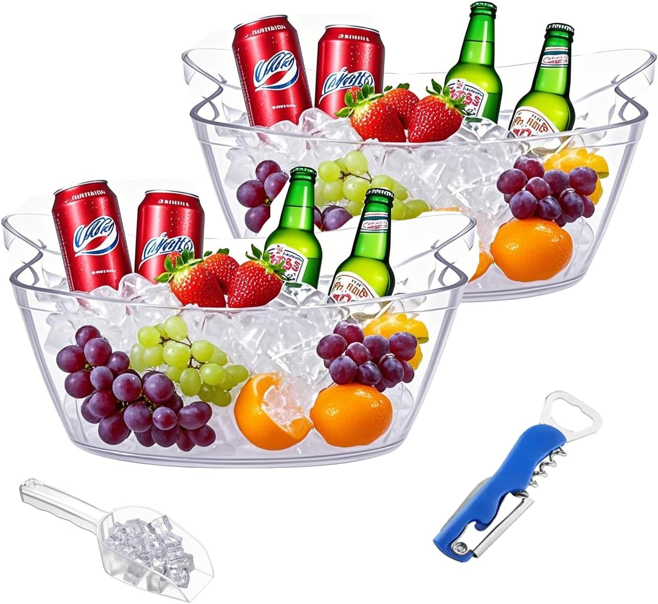 2pcs 5.5L Ice Bucket with 1pc Scoops and 1 Wine beer Bottle Opener,Large Clear Acrylic Ice Bucket for for Wine Champagne Mimosa Cocktail Bar Picnic Fruit Storage Basket (2PCS 5.5L)