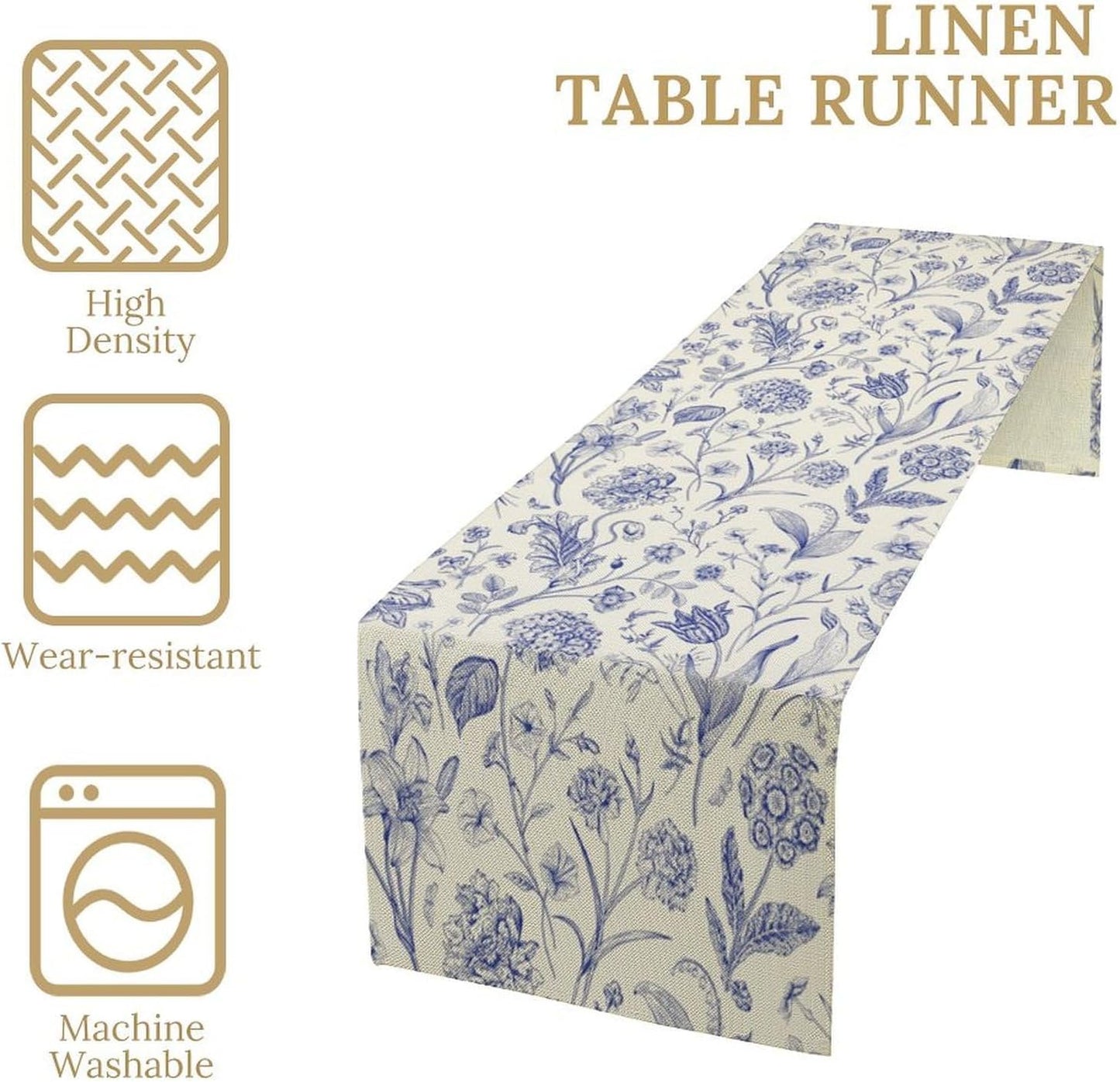 Monochrome Sketch Flowers Table Runner, Seasonal Spring Fall Plants Blue Florals Dinner Runner for Home Kitchen Dining Table Party Holiday Decoration 13"x60"