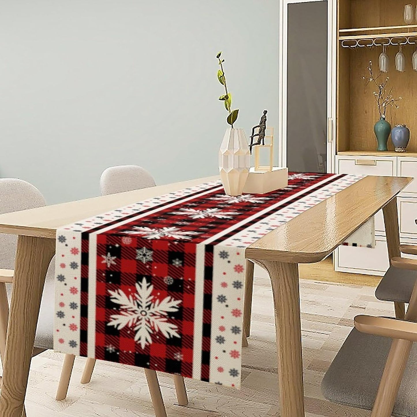 Snowflakes Christmas Table Runner,Red Buffalo Plaid Seasonal Winter Kitchen Dining Table Decoration for Home Party Decor 13x108 Inch