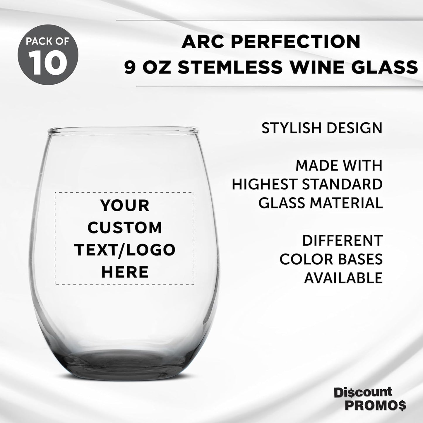 DISCOUNT PROMOS Custom Stemless Wine Glass 9 oz. Set of 10, Personalized Bulk Pack - Great for Wedding Favors, Bachelorette Party Decorations, Party Favors, Color Bottom - Black