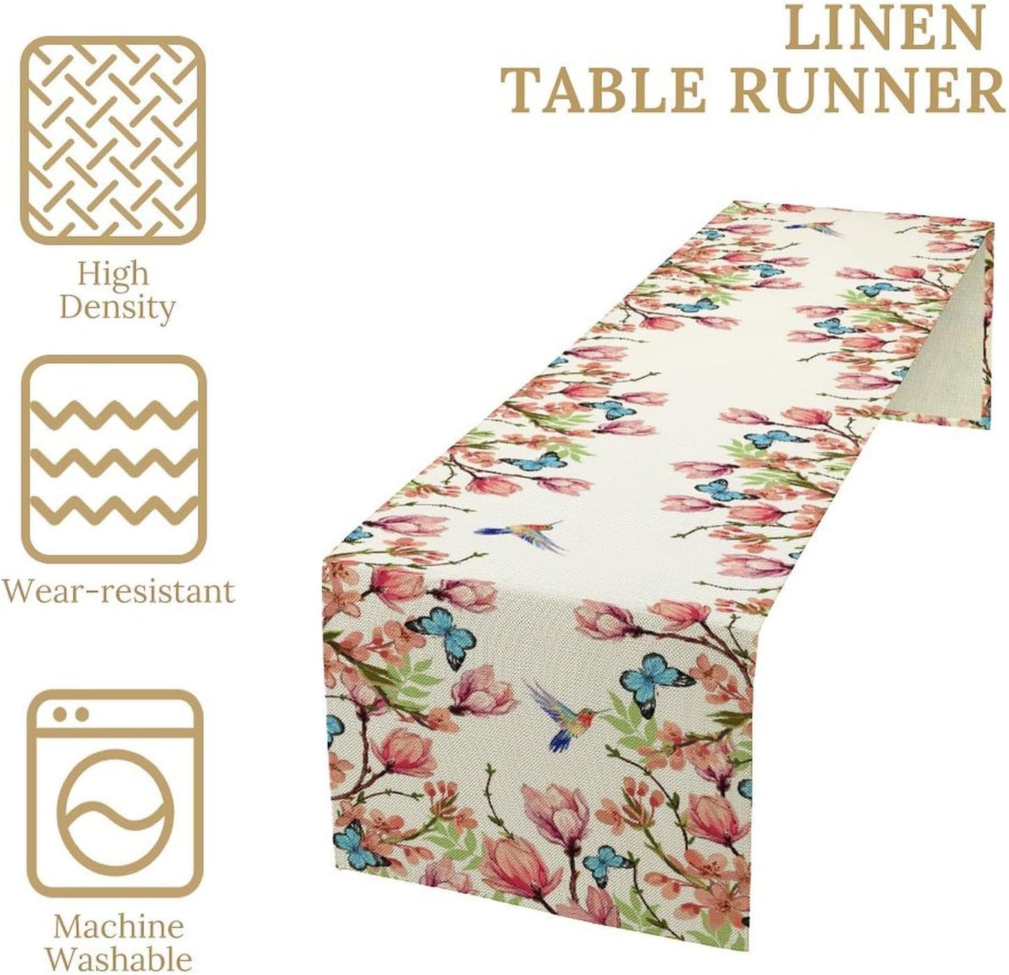Flowers Table Runner,Floral Bird Butterfly Spring Table Cloth Kitchen Dining Table Home Party Decoration 13x72 Inch