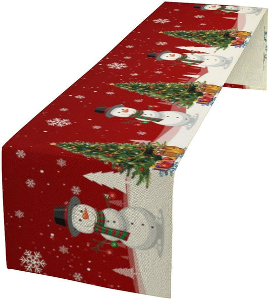 Christmas Table Runner,Snowman Rustic Red Snowflake Winter Table Cloth Kitchen Dining Table Decoration for Home Party Decor 13x36 Inch