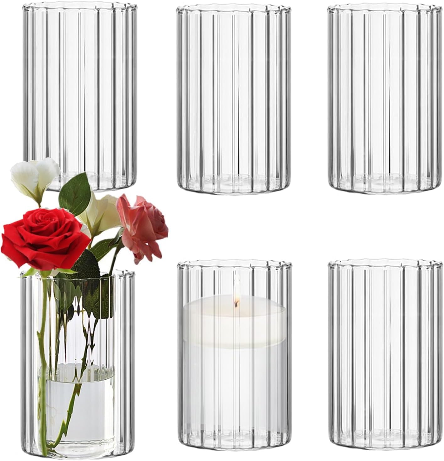 Glass Cylinder Vases Set of 6 Clear Ribbed Glass Vases for Flowers,6 inch Tall Modern Floating Candle Vase Decor, Decorative Hurricane Candle Holders for Home Wedding Table Centerpieces Decor