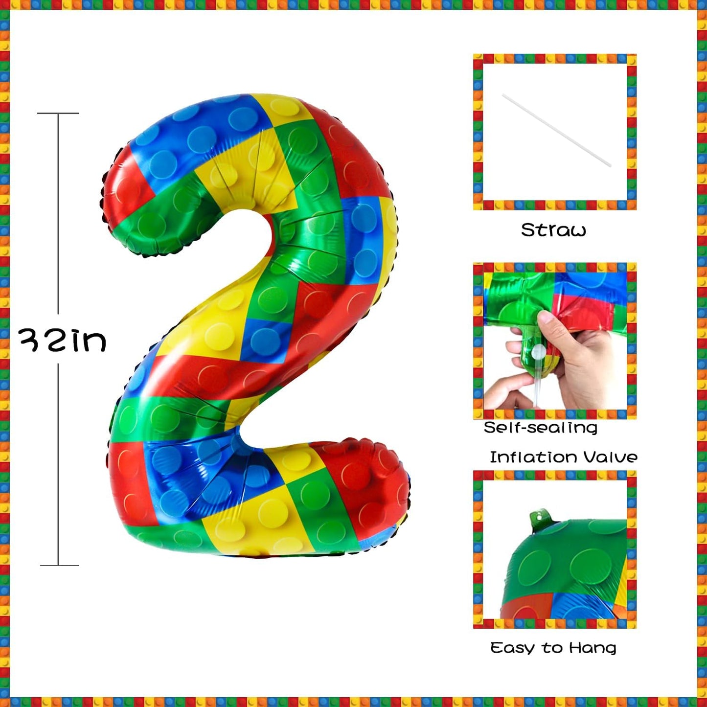 32 Inch Stackable Block Number Balloon – Colorful Brick Building Themed Big Helium Digits for Kids Birthday Party Decorations (Building Block, Number 2)