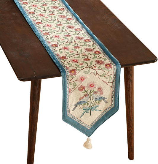 patdrea Designer French Elegant Wild Flowers Velvet Table Runner 102 Inch Long, Beige Pink Floral Table Mat, Decoration for Kitchen Dining Coffee Table Cabinet Banquet Thanksgiving,12"*102"