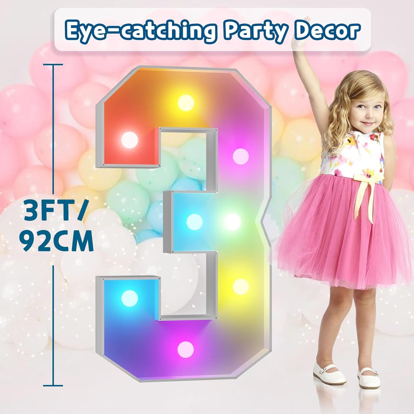 imprsv 3FT Colorful Marquee Numbers,18 Colors Number 3 with Remote, Light Up Numbers Sign for 3rd Birthday Decorations Anniversary Party Decor, Pre-Cut Foam Board Kit, Mosaic Sign for Balloon