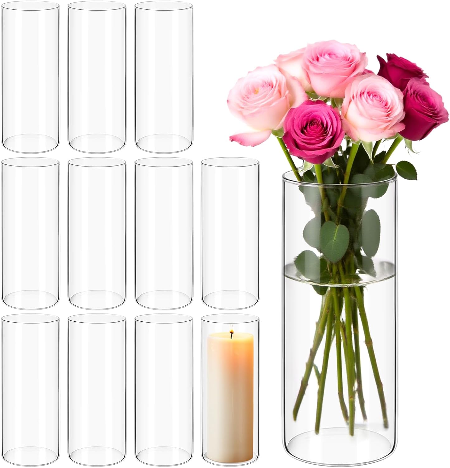 12Pack Glass Cylinder Vases for Centerpieces - 8 Inch Tall Flower Vase for Wedding Decorations, Floating Candle Holder Vase Bulk,Glass Hurricane Candle Holders for Table Shelf, Party, Home Decor