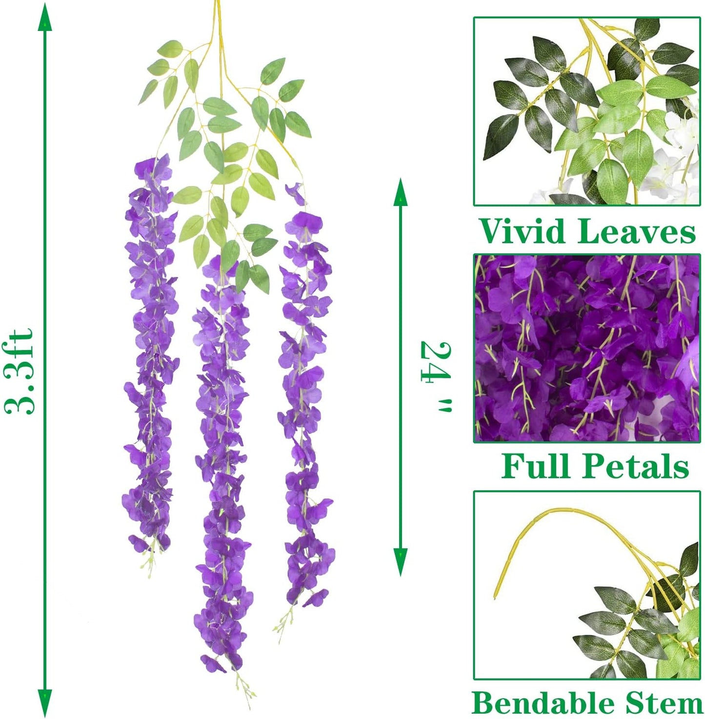 24 Pack Artificial Fake Wisteria Vine Ratta (3.75 Feet) Hanging Garland Silk Flowers String Home Party Wedding Decor (Blue)