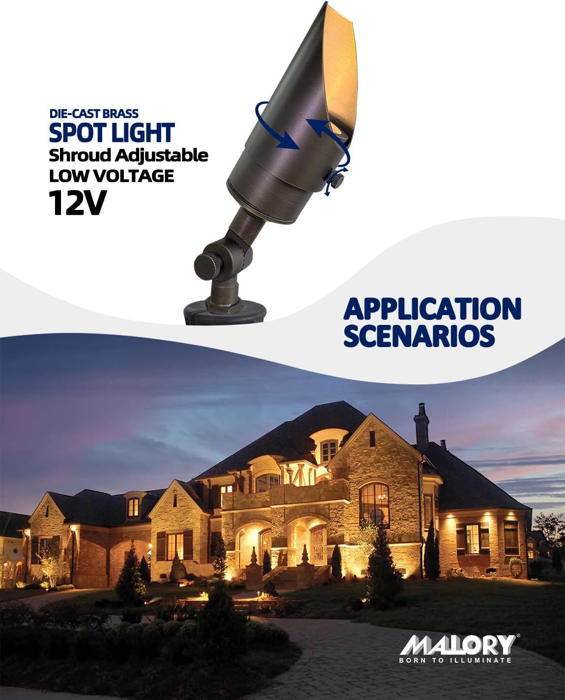 MALORY Brass Landscape Spotlight 1-Pack with MR16 Bulb Kit(S04), Low Voltage 12V AC/DC Shroud Adjustable Outside Yard Lighting,PVC Ground Stake and Wire Connector Included, 5W 2700K Warm White