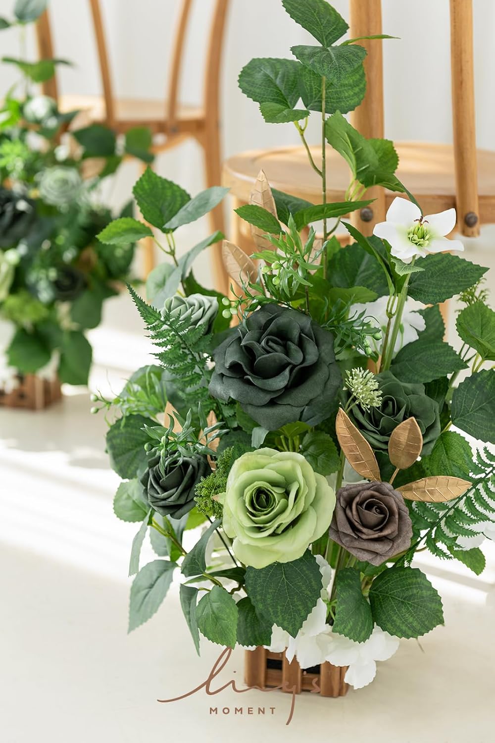 Ling's Moment 17.5" Tall Standing Artificial Flowers Arrangements 4pcs Fall Wedding Aisle Runner Chair Decorations Emerald Gold for Centerpieces Ceremony Reception Rose Floral Party Outdoor