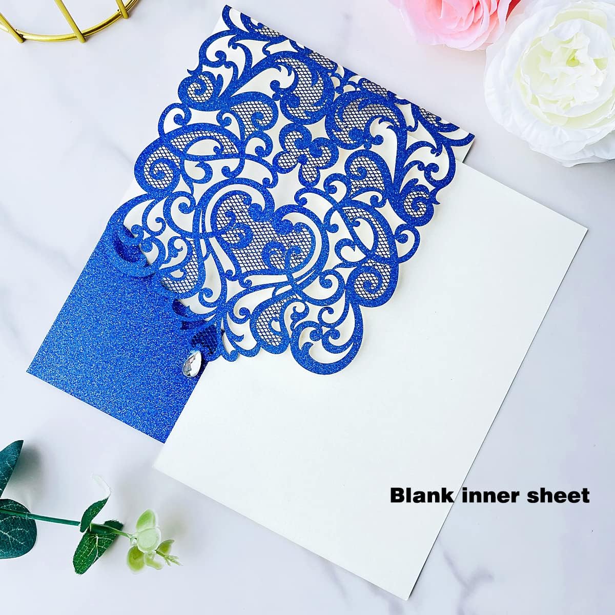 Hosmsua 50PCS Wedding Invitations Cards 5 x 7.3 Inch Laser Cut Hollow Rose Invitation with Rhinestone for Bridal Shower Engagement Quinceañera (Royal Blue Glitter)