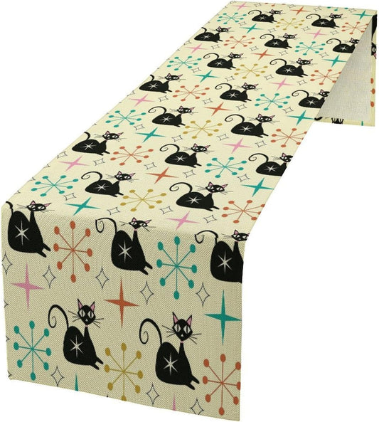 Mid Cat Table Runner, Vintage Black Cat and Atomic Stars 1950s 1960s Abstract Geometric Space Pattern Table Decoration for Home Kitchen Restaurant 13x36 Inches
