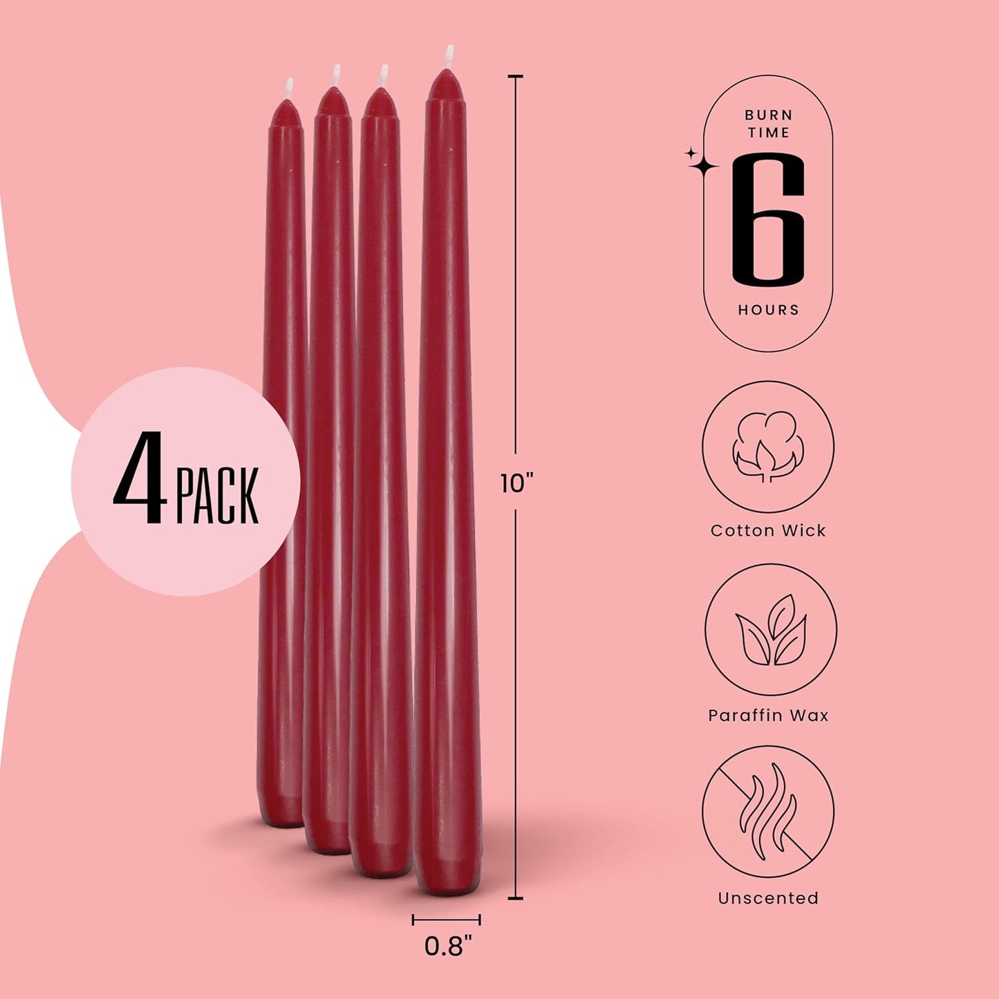 Leor & Lair Red Taper Candles for Christmas - 4 Pack 10" Dark Red Candlesticks - Unscented Long Burning Candle Sticks for Christmas Decoration, Thanksgiving, Dinner Table, Weddings