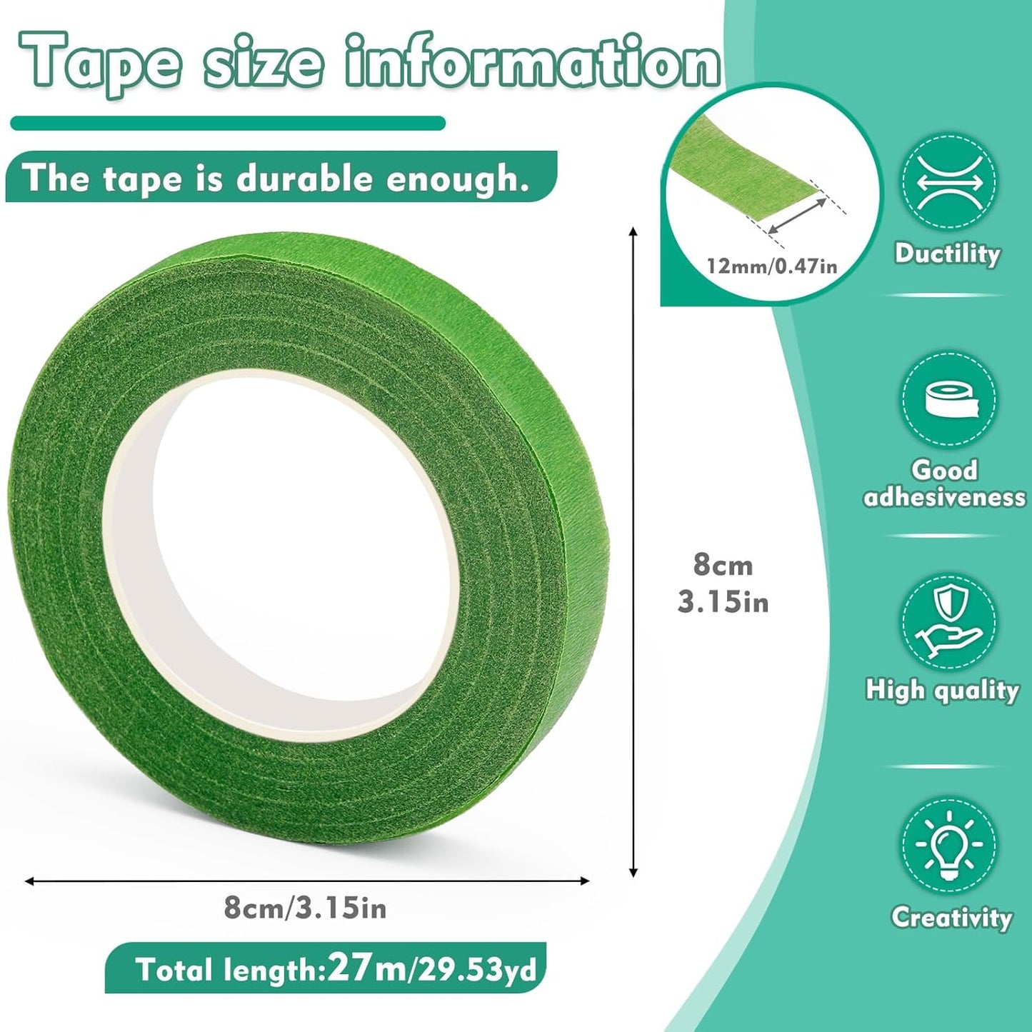 Flower Tape, Floral Tape for Bouquets, 1/2inch Green Flower Tape for Bouquet Stem Wrap Floral Arranging Craft Projects Corsages, Wedding Bouque